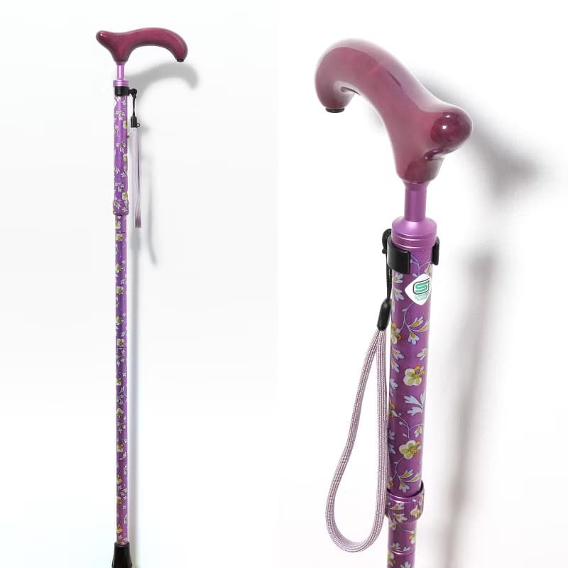 アルミスリムネック花柄・紫　-4つ折りタイプ 折りたたみ式アルミステッキ-