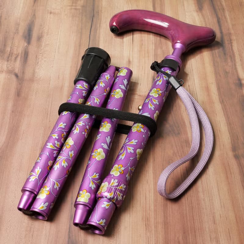 アルミスリムネック花柄・紫　-4つ折りタイプ 折りたたみ式アルミステッキ-