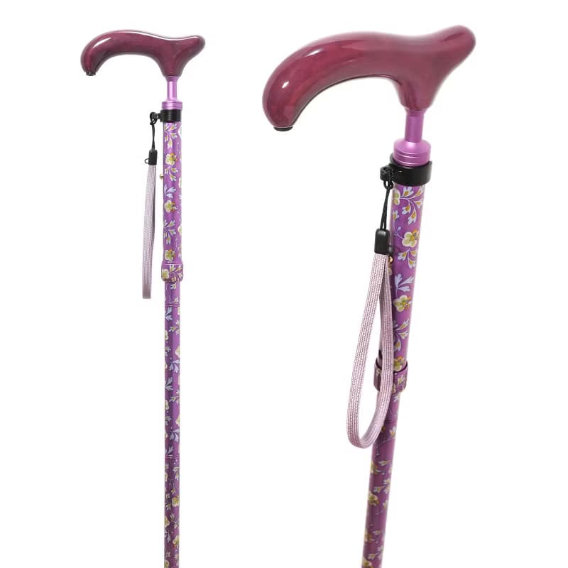 アルミスリムネック花柄・紫　-4つ折りタイプ 折りたたみ式アルミステッキ-