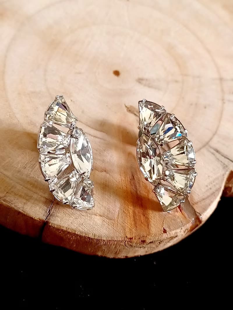 vintage jewelry  絢麗扇形萊茵 夾式耳環