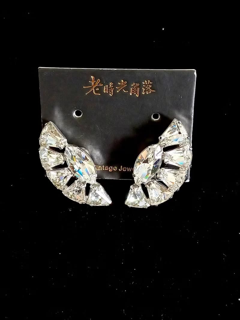 vintage jewelry  絢麗扇形萊茵 夾式耳環