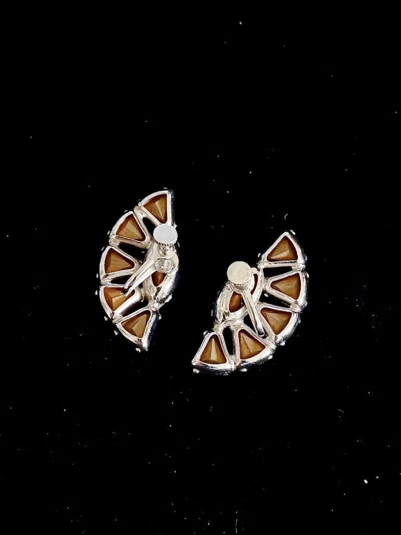 vintage jewelry  絢麗扇形萊茵 夾式耳環