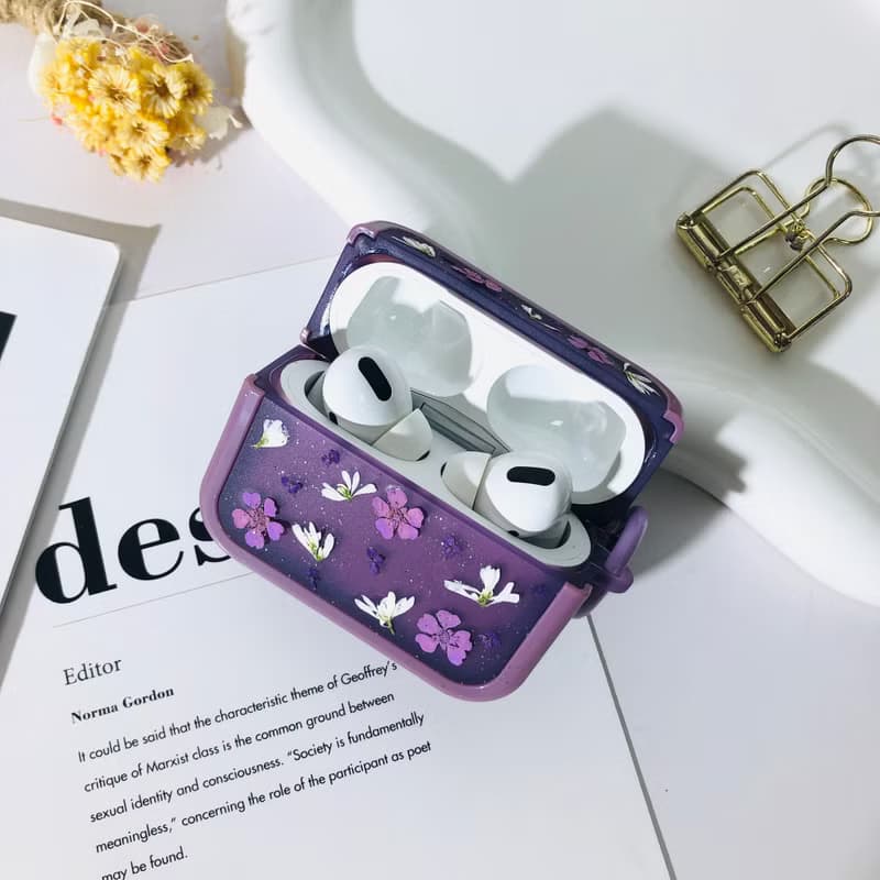 水晶紫壓花耳機殼,搭配AirPods 1,2,3,4,AirPods Pro 2,精美禮物