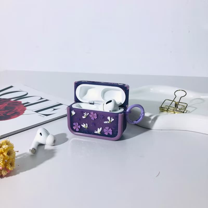 水晶紫壓花耳機殼,搭配AirPods 1,2,3,4,AirPods Pro 2,精美禮物