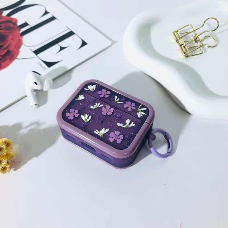 水晶紫壓花耳機殼,搭配AirPods 1,2,3,4,AirPods Pro 2,精美禮物