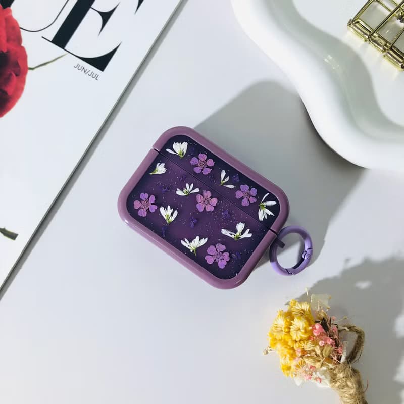 水晶紫壓花耳機殼,搭配AirPods 1,2,3,4,AirPods Pro 2,精美禮物