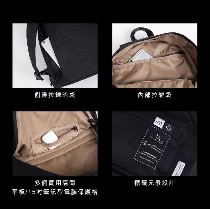 【DOUGHNUT】15吋 防潑水 後背包 經典大學包 水壺格 減壓-黑 RE