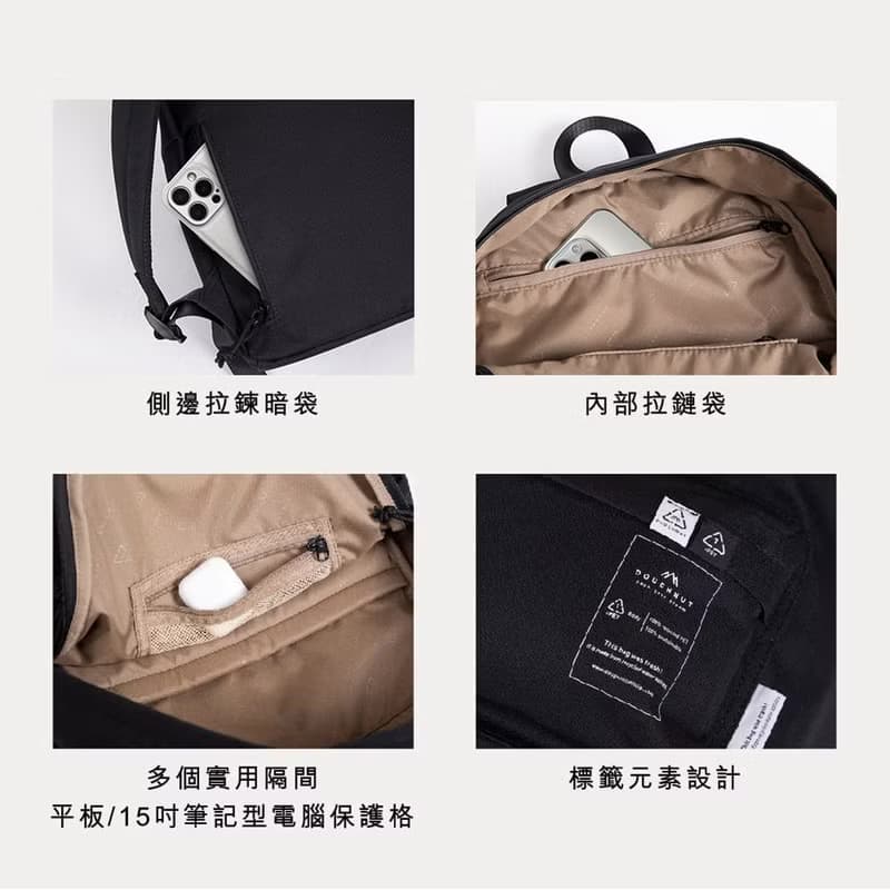 【DOUGHNUT】15吋 防潑水 後背包 經典大學包 水壺格 減壓-黑 RE