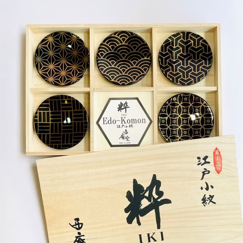 【送禮推薦】美濃燒西庵窯-江戶小紋手工小皿木盒禮盒(金紋亮黑)