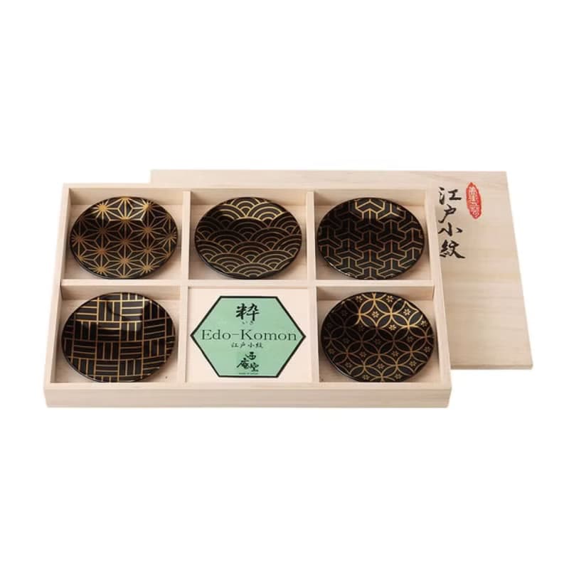 【送禮推薦】美濃燒西庵窯-江戶小紋手工小皿木盒禮盒(金紋亮黑)