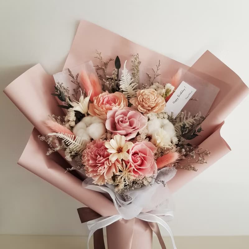 永生花+乾燥花│奶茶粉色系永生玫瑰花束│不凋花│情人節花束