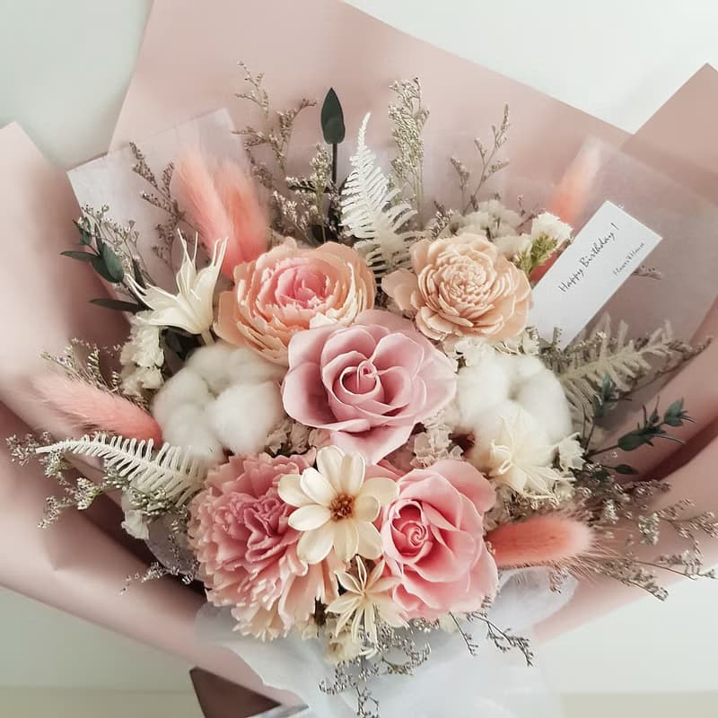 永生花+乾燥花│奶茶粉色系永生玫瑰花束│不凋花│情人節花束