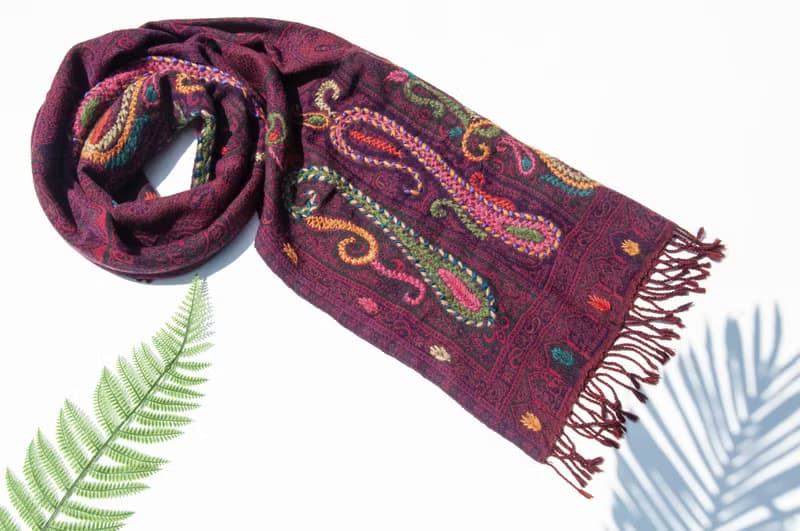 喀什米爾Cashmere/水煮羊毛披肩/針織圍巾/刺繡圍巾/羊絨披巾-花