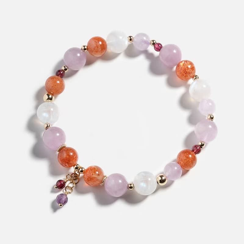紫鋰輝紫晶太陽石石榴石14K包金水晶手鍊 禮物