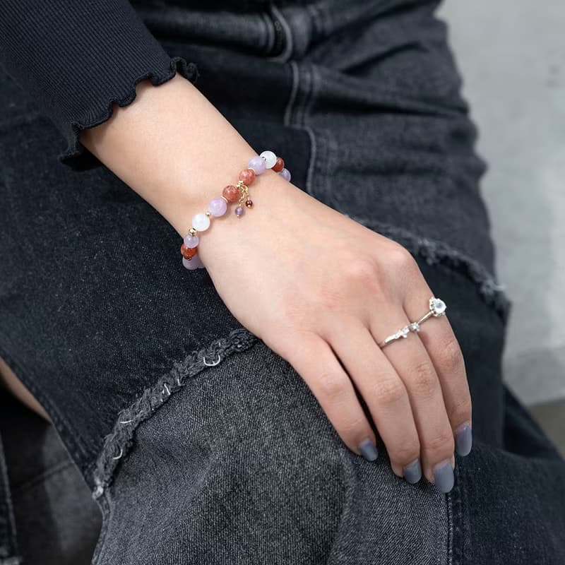 紫鋰輝紫晶太陽石石榴石14K包金水晶手鍊 禮物