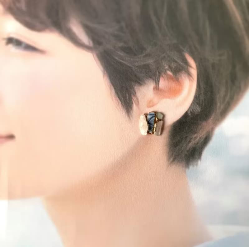 天然石 シー陶器 シーグラス 金継ぎ ピアス イヤリング ノンホールピアス ムーンストーン 6月誕生石 ゴールド 金 ホワイト 白 ブルー 青 クリア 透明