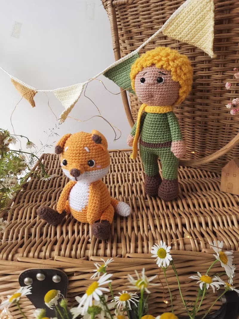 Little prince and fox. Stuffed dolls. Crochet fairytale toys. Prince doll fox