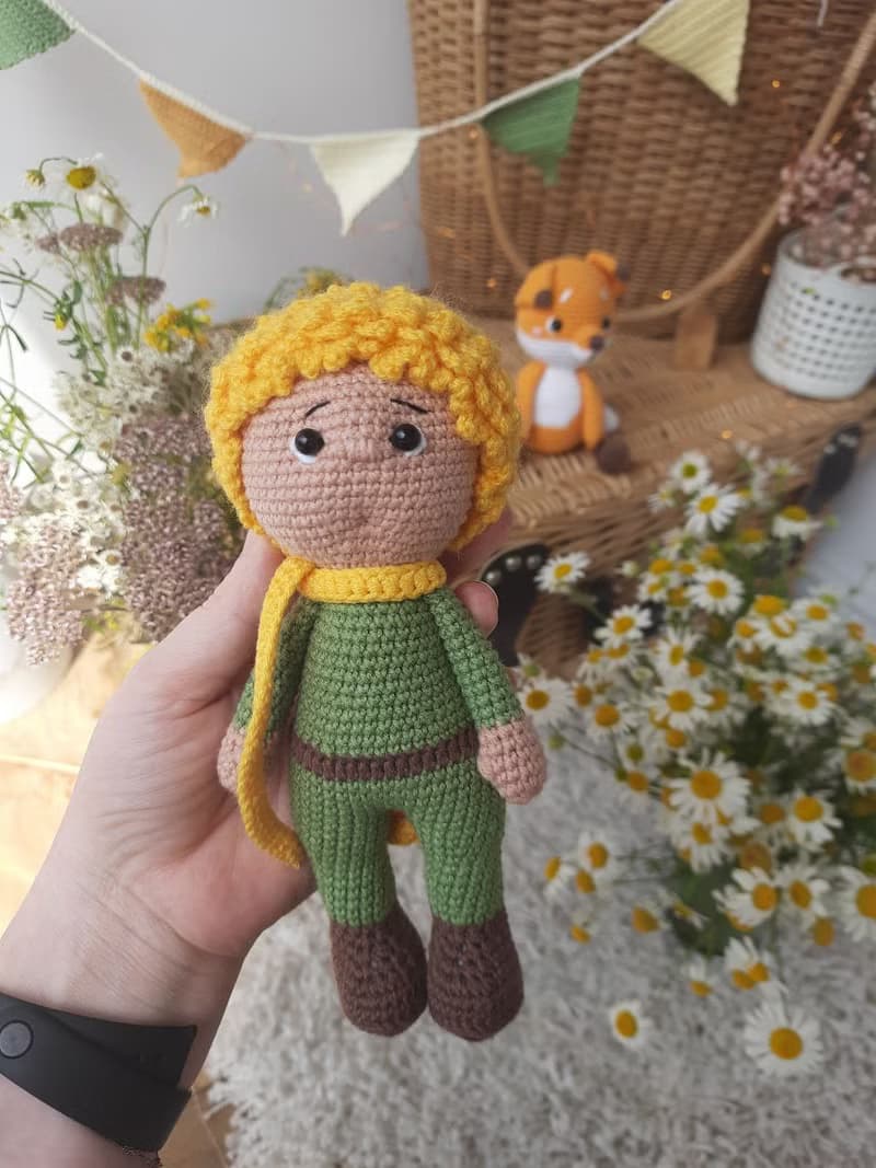Little prince and fox. Stuffed dolls. Crochet fairytale toys. Prince doll fox