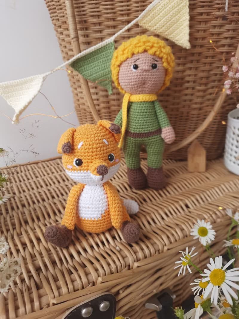 Little prince and fox. Stuffed dolls. Crochet fairytale toys. Prince doll fox