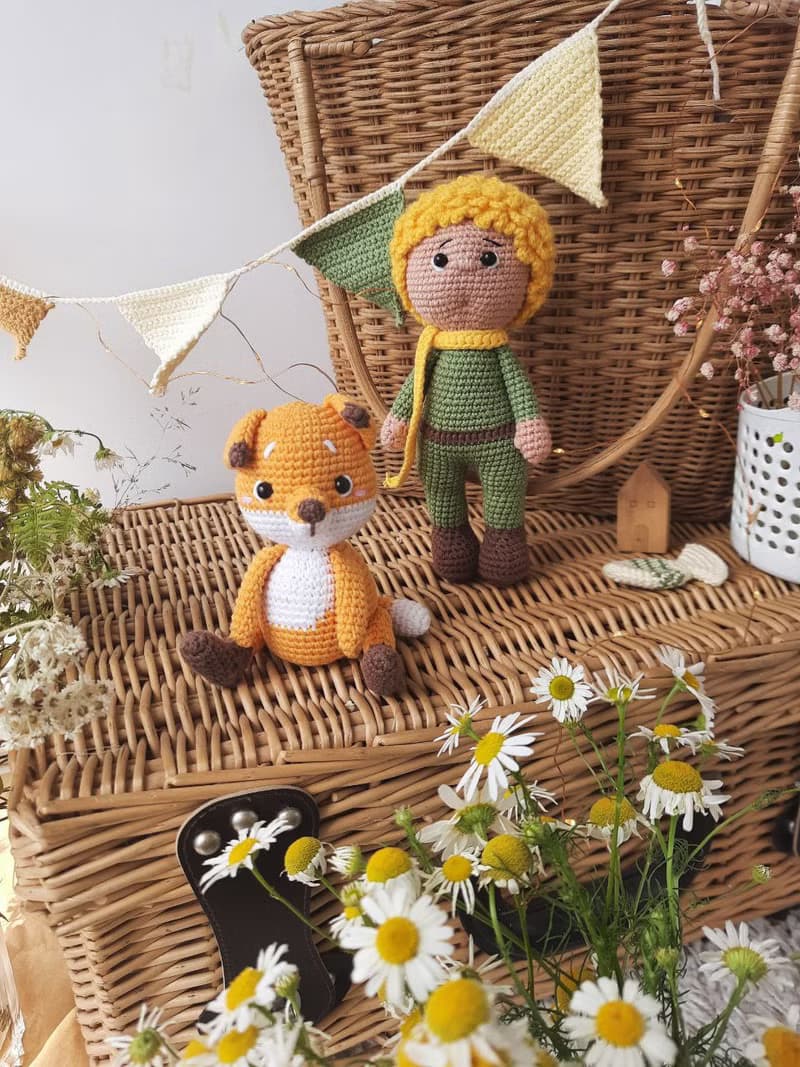 Little prince and fox. Stuffed dolls. Crochet fairytale toys. Prince doll fox