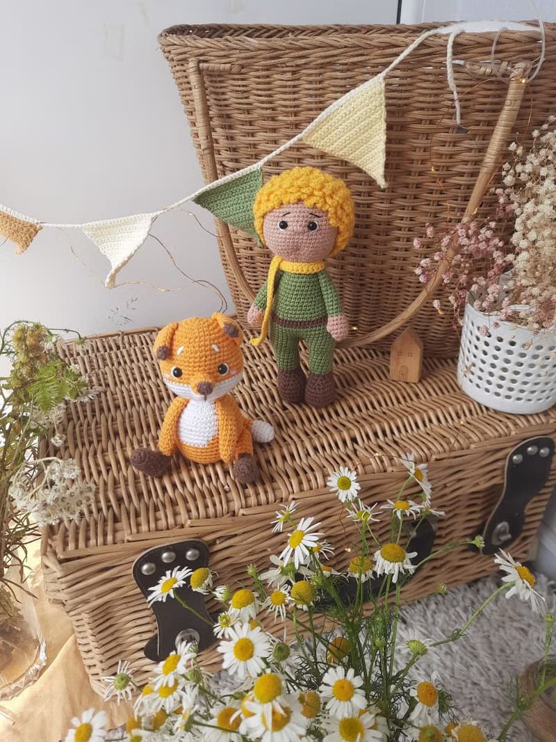 Little prince and fox. Stuffed dolls. Crochet fairytale toys. Prince doll fox