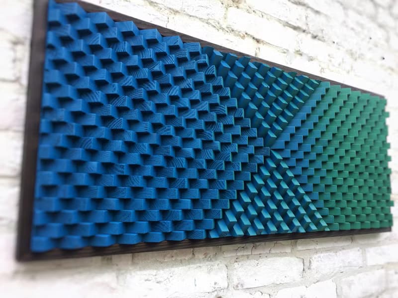 3D Wood Wall Art - Geometric Green Blue Modern Art - Acoustic Sound Diffuser