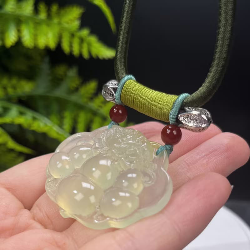 岫巖玉如意吊墜項鏈 冰潤淺黃綠 雕刻葫蘆花開富貴 福祿吉祥溫婉