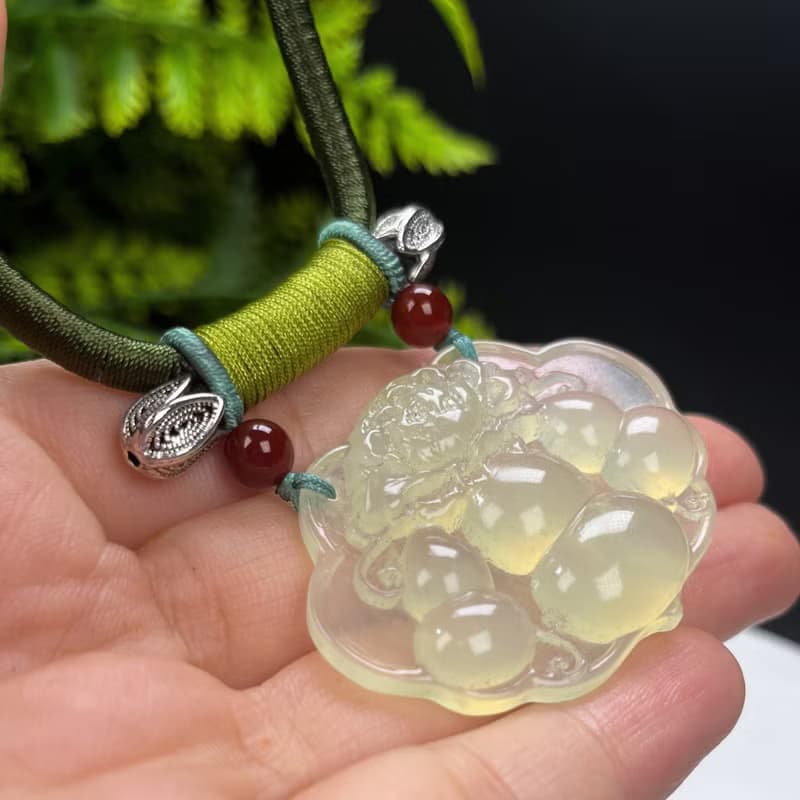 岫巖玉如意吊墜項鏈 冰潤淺黃綠 雕刻葫蘆花開富貴 福祿吉祥溫婉