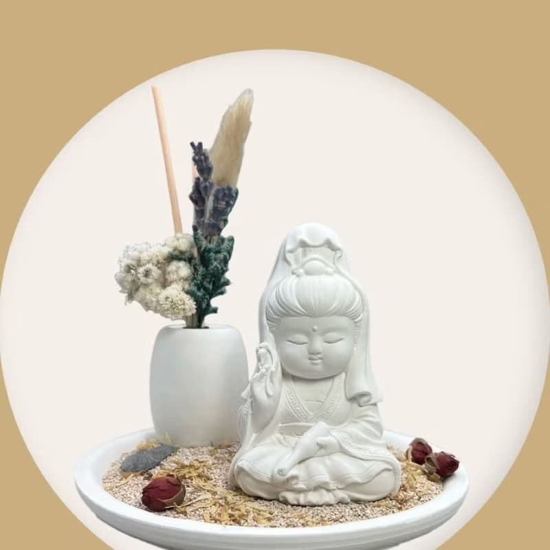 禪風設計 淨念吉祥小佛之寶瓶觀音 永生花圓盤組合 藝術香氛擴香