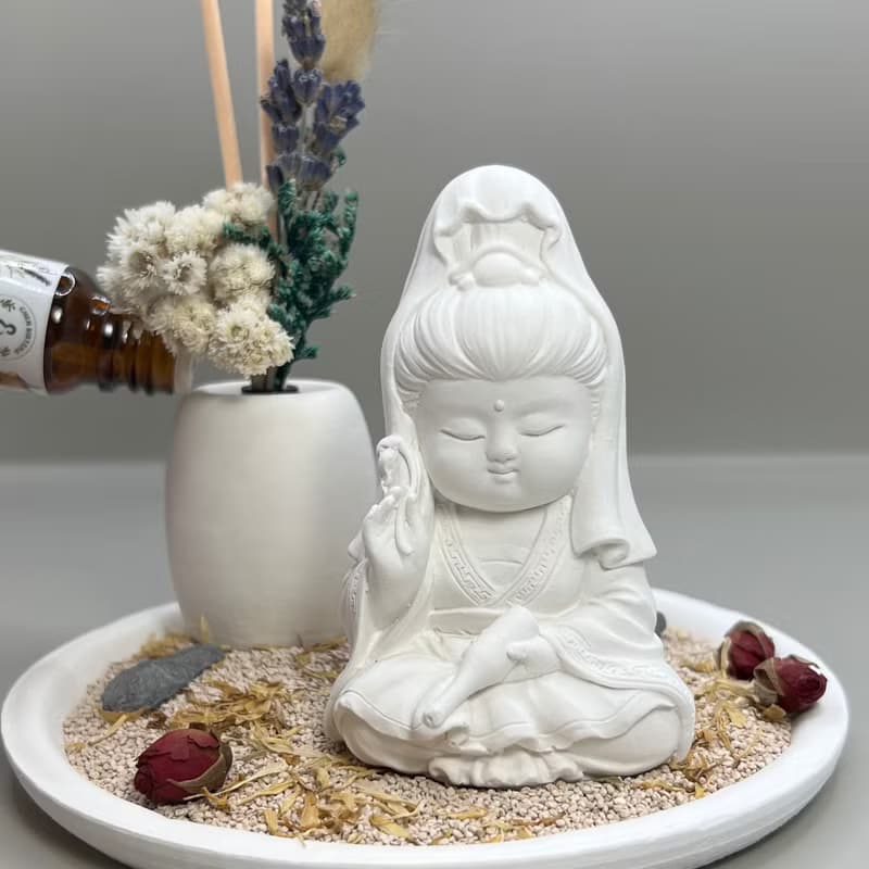 禪風設計 淨念吉祥小佛之寶瓶觀音 永生花圓盤組合 藝術香氛擴香