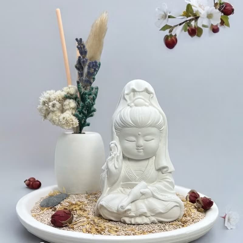 禪風設計 淨念吉祥小佛之寶瓶觀音 永生花圓盤組合 藝術香氛擴香