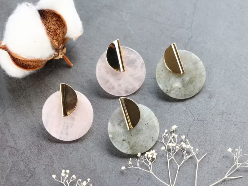 Geometric Rose quartz or Labradorite pierced earrings/can change to clip-on