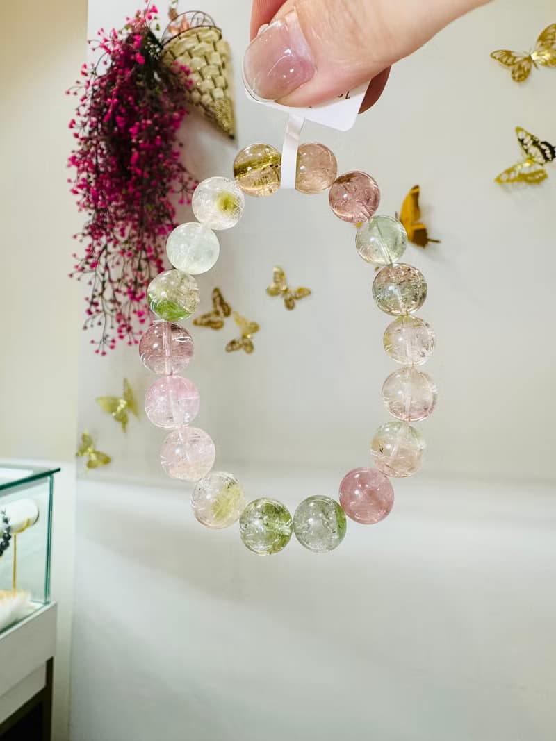 天然高冰體仙女冰淇淋碧璽10.5mm34.66g冰透彩串高頻磁場旺夫石