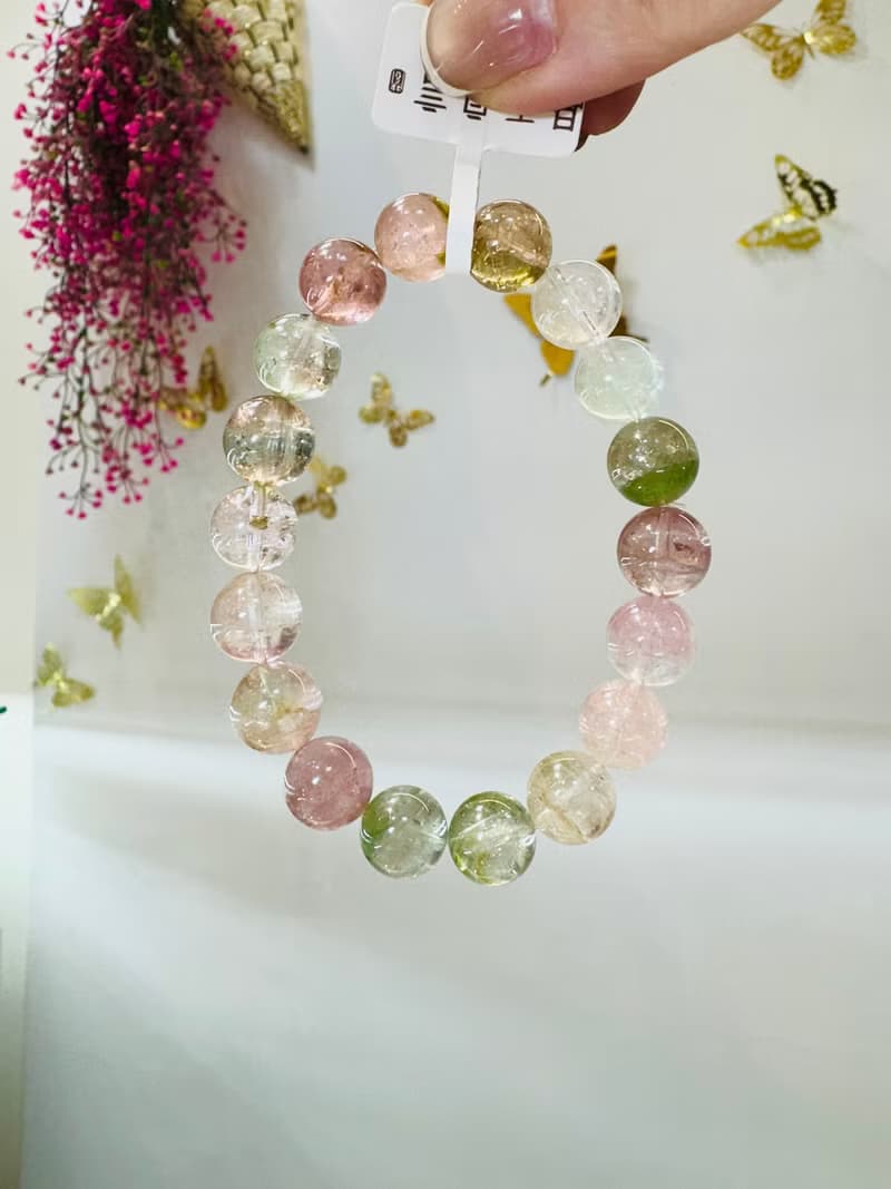 天然高冰體仙女冰淇淋碧璽10.5mm34.66g冰透彩串高頻磁場旺夫石