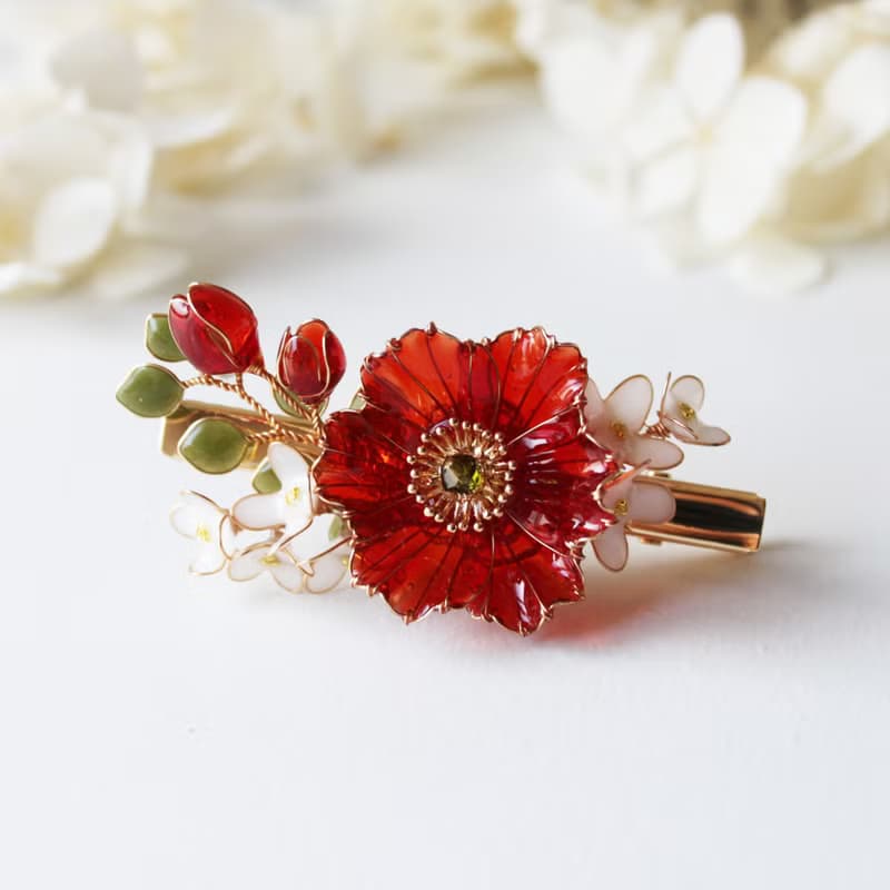 【虞美人髮夾】朱紅色虞美人花束 手工銅線樹脂 髮夾髮飾