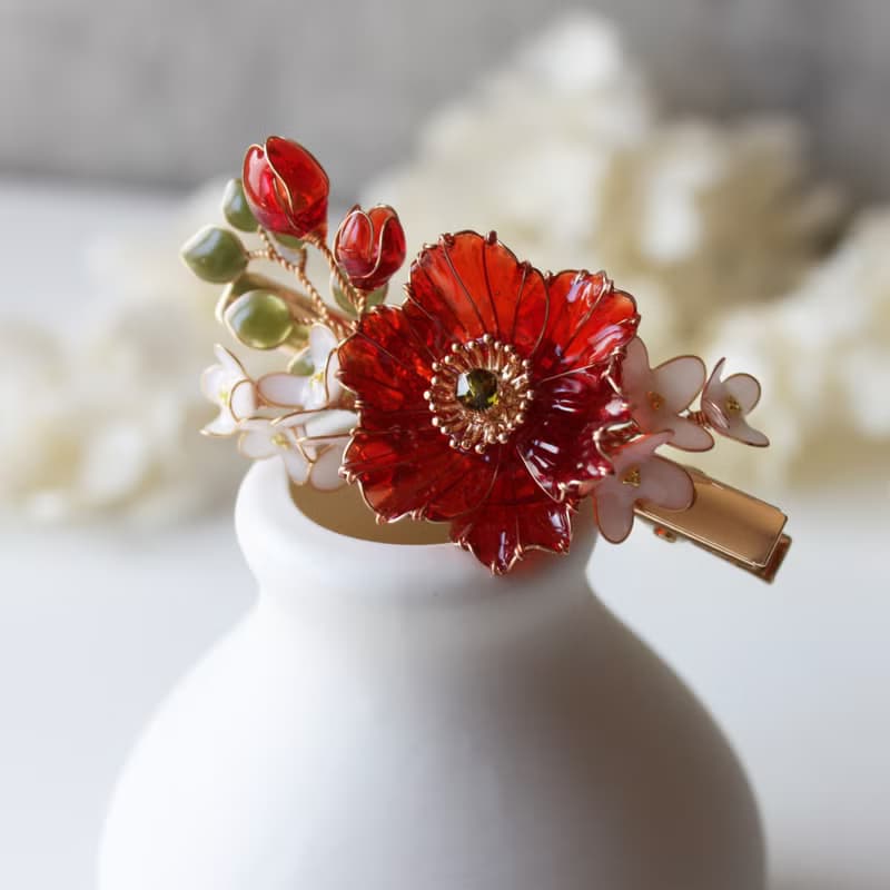 【虞美人髮夾】朱紅色虞美人花束 手工銅線樹脂 髮夾髮飾