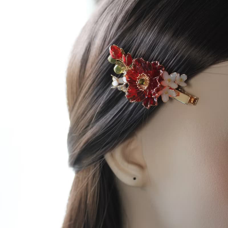 【虞美人髮夾】朱紅色虞美人花束 手工銅線樹脂 髮夾髮飾