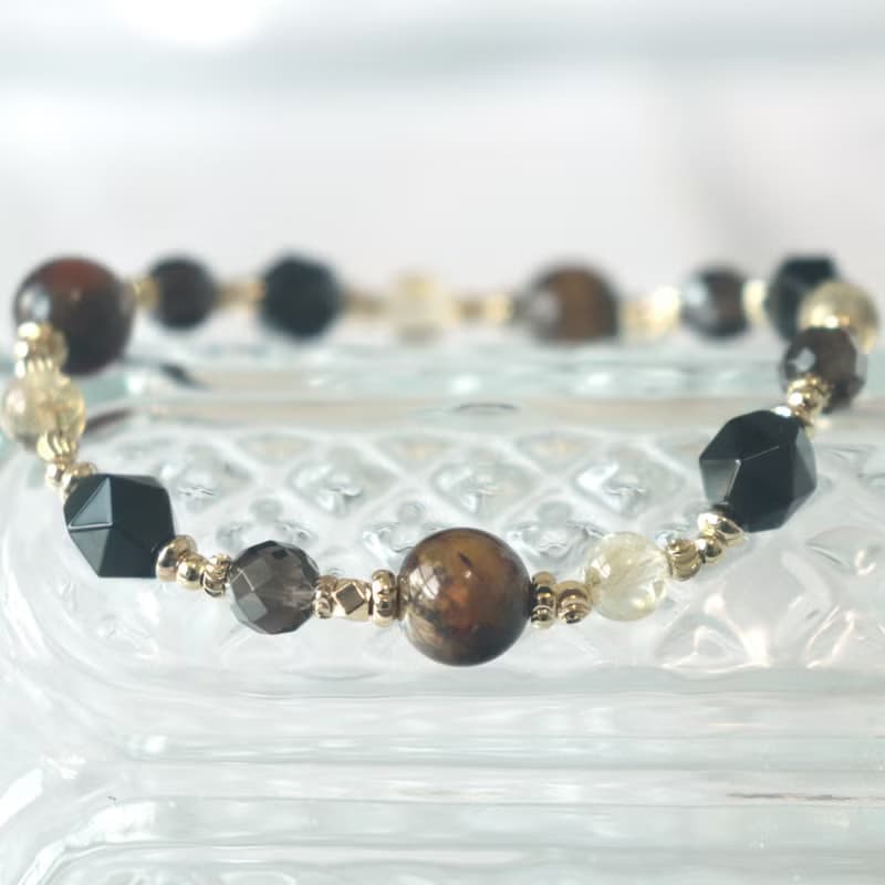 彼得石-黑曜石-黃水晶-茶晶-招財-防小人-水晶手鍊
