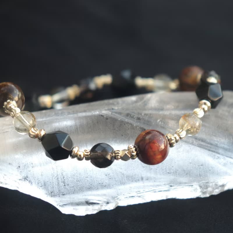 彼得石-黑曜石-黃水晶-茶晶-招財-防小人-水晶手鍊