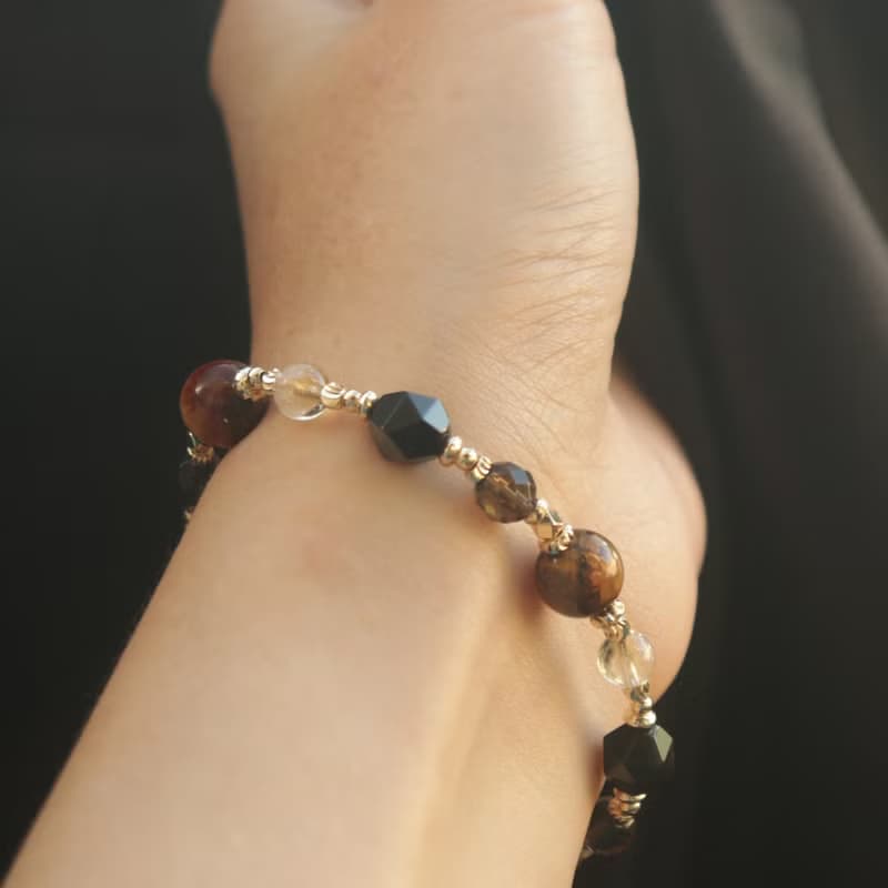 彼得石-黑曜石-黃水晶-茶晶-招財-防小人-水晶手鍊