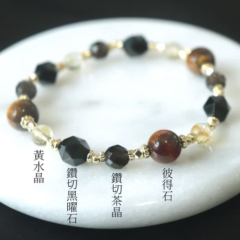 彼得石-黑曜石-黃水晶-茶晶-招財-防小人-水晶手鍊