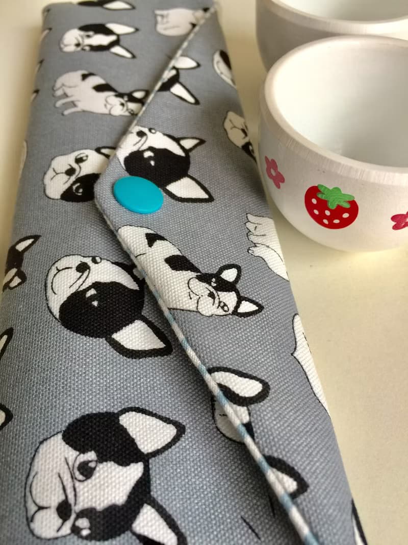 文青風環保筷袋  鬥牛犬 灰  手作餐具袋.交換禮物.