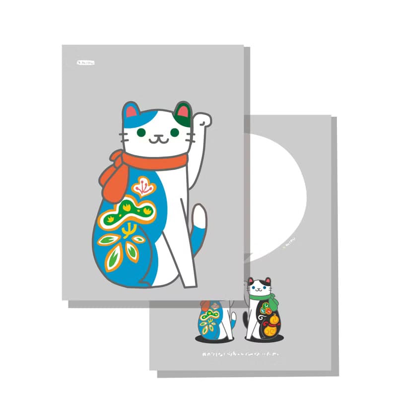 原創明信片/招財貓_藍花/原創插畫/貓咪/文創卡片