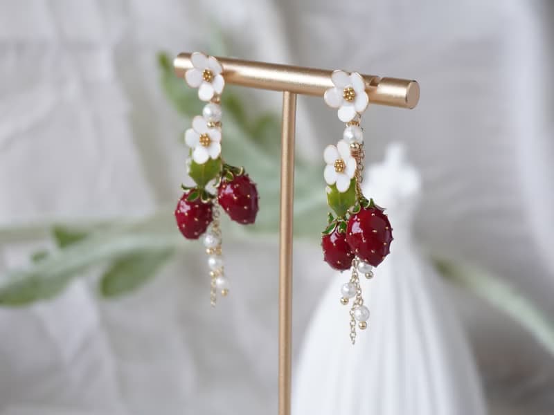【紅色草莓組合耳飾】手工原創耳飾銅線樹脂 優雅 耳飾飾品
