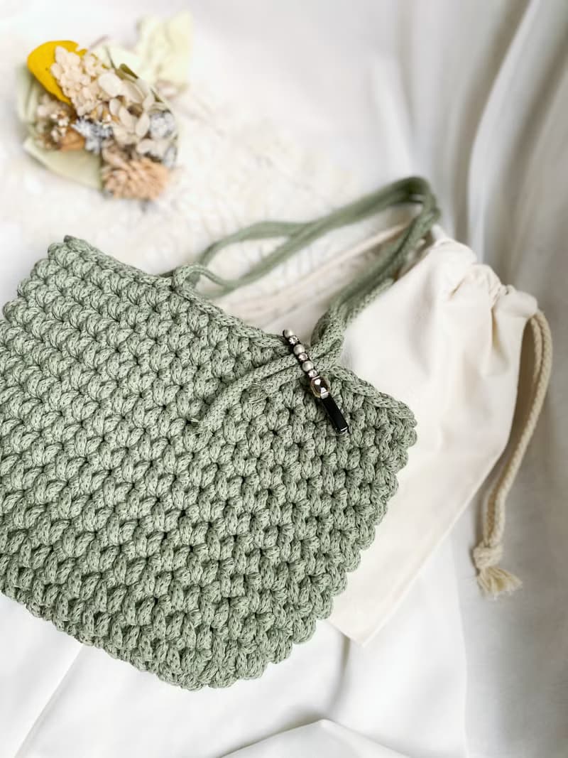 【好日手作】Handmade。韓國棉線手工編織灰綠色手拿包手提包夏日