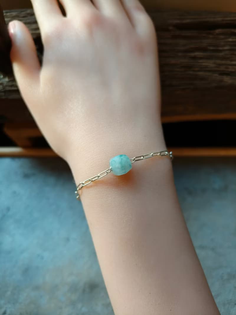 天然緬甸翡翠冰種飄藍不規則珠 925純銀手鍊 072019