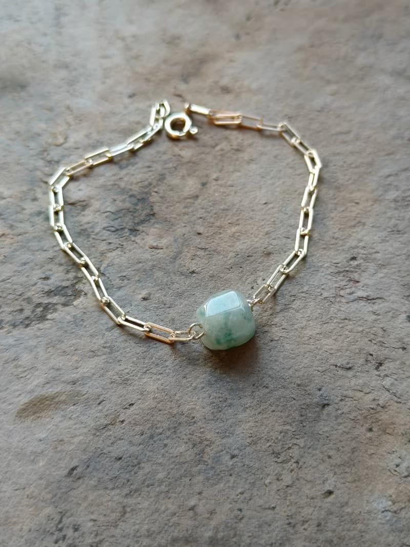 天然緬甸翡翠冰種飄藍不規則珠 925純銀手鍊 072019