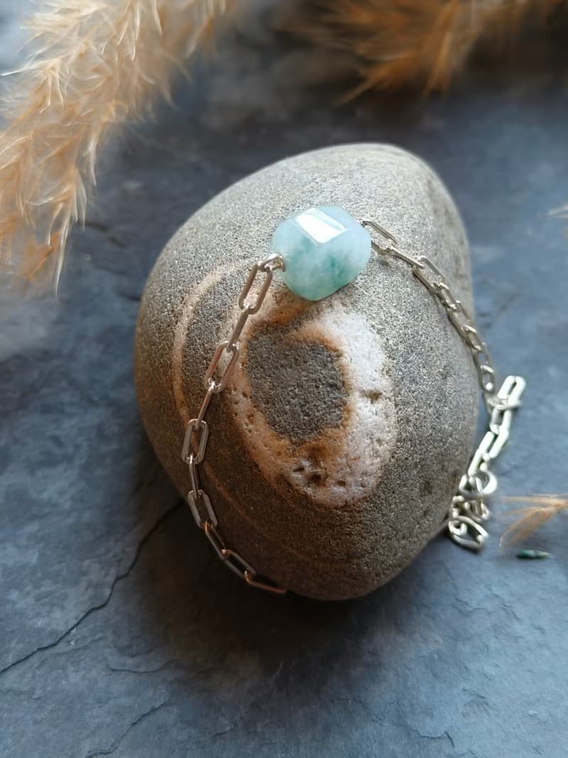 天然緬甸翡翠冰種飄藍不規則珠 925純銀手鍊 072019