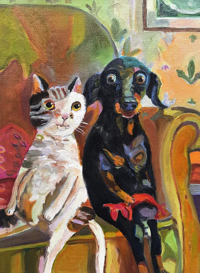 Cat and Dog Painting Original Art Small  Oil Painting on Cardboard