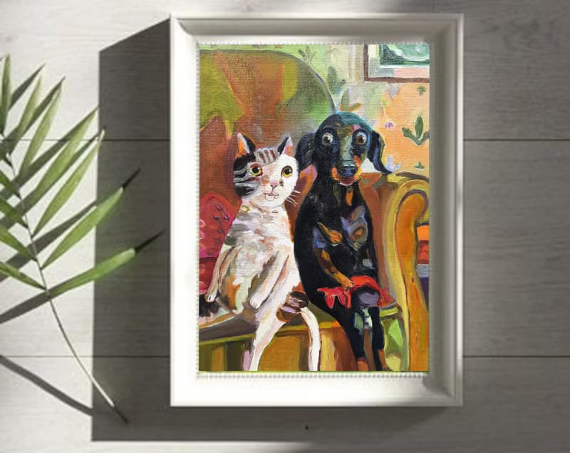 Cat and Dog Painting Original Art Small  Oil Painting on Cardboard